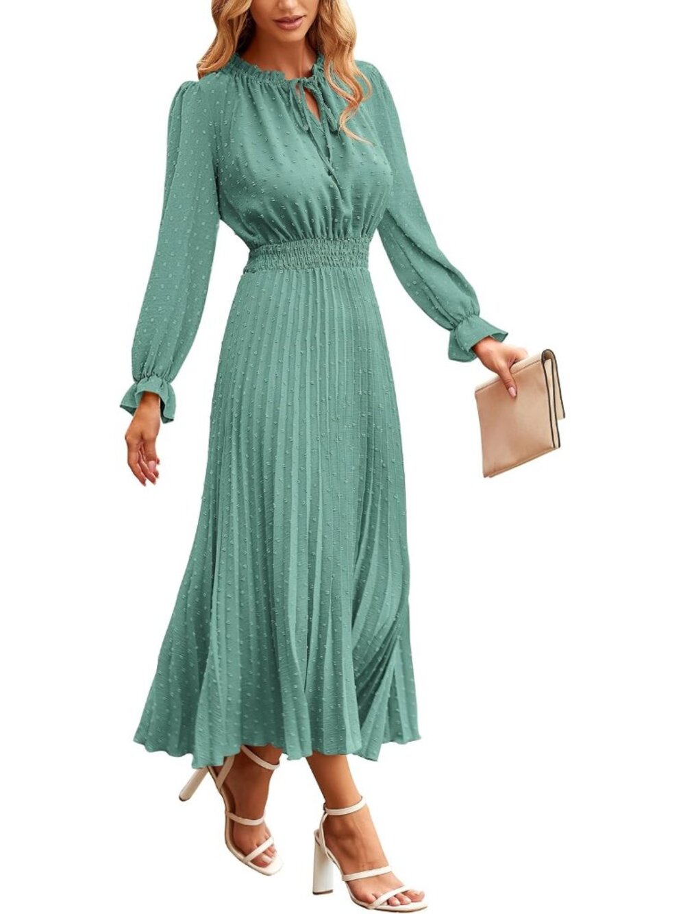 Women's Green Fall Long Puff Sleeve V Neck Swiss Dot Wedding Guest Midi Dresses